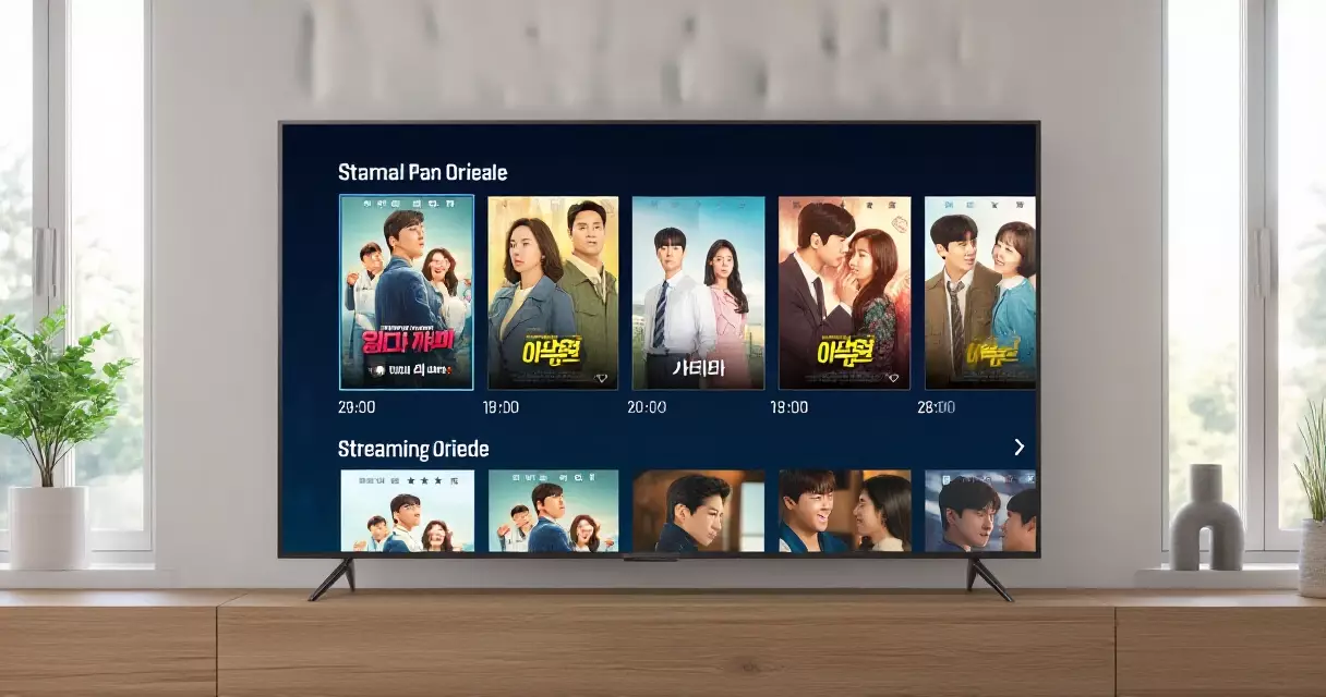 Streaming service interface on a living room TV showing Korean drama content library