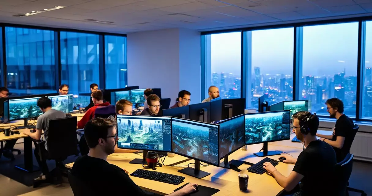 Game development studio interior with monitors showing open-world city environments