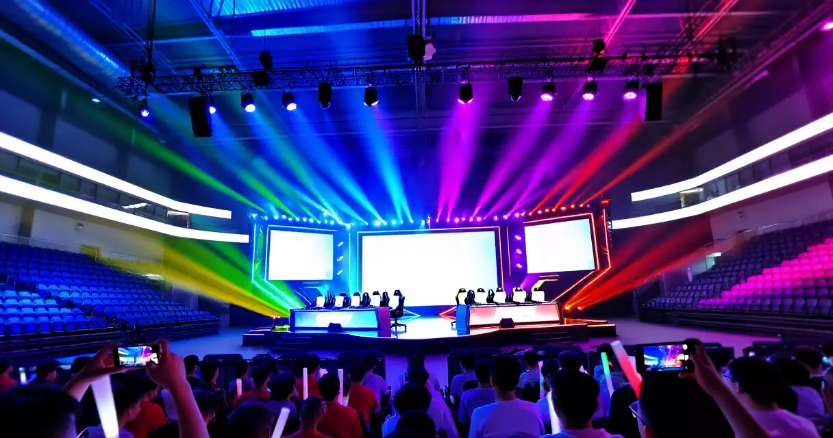 Live esports tournament arena packed with spectators watching the main stage