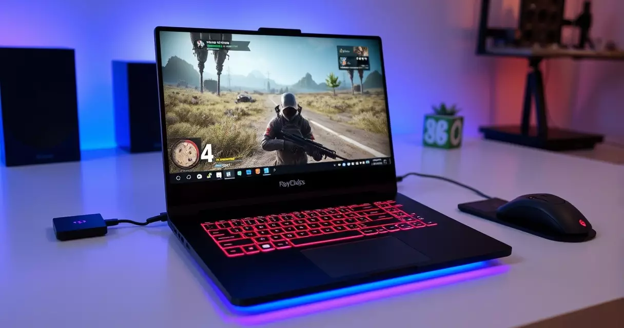 Gaming laptop with RGB keyboard on desk