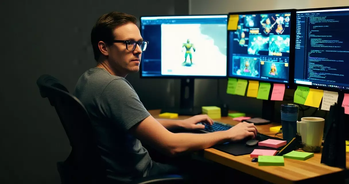 Solo indie developer working late at a desk with game design software on screen
