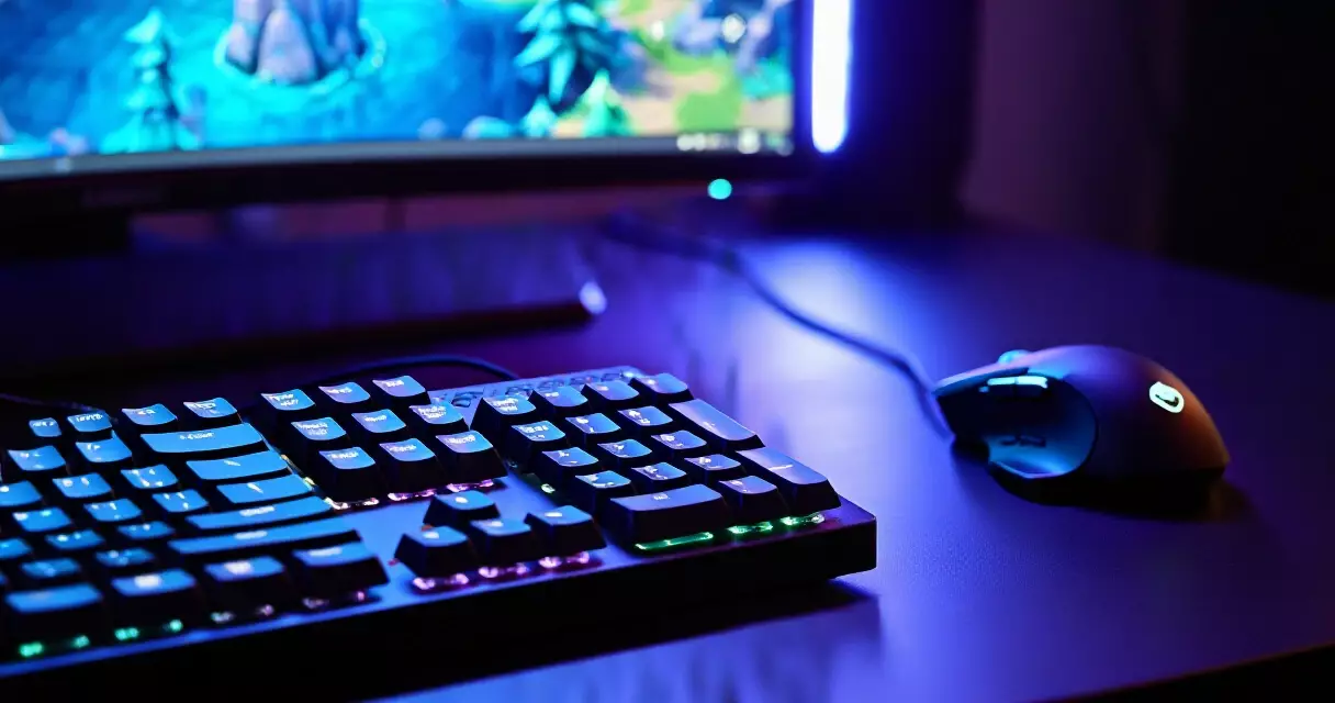 PC gaming setup with MMORPG game on monitor