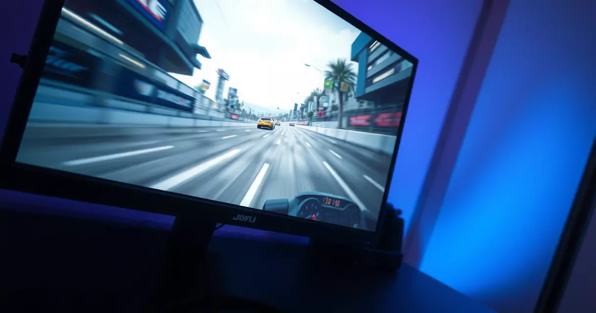 High refresh rate gaming monitor showing a fast-moving game scene on a dark desk