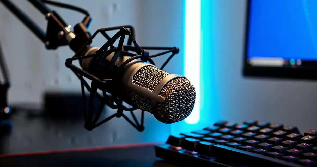 Professional streaming microphone on boom arm at gaming desk with blue LED backlighting