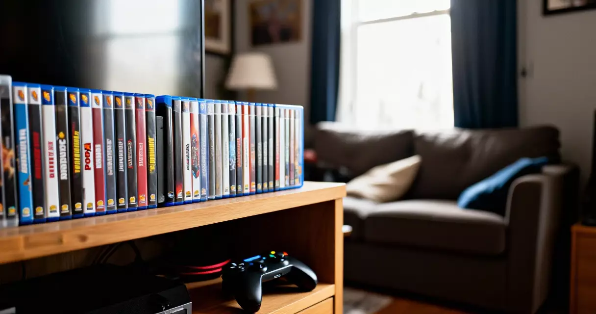 Video game collection on a wooden shelf with natural lighting in a gaming room