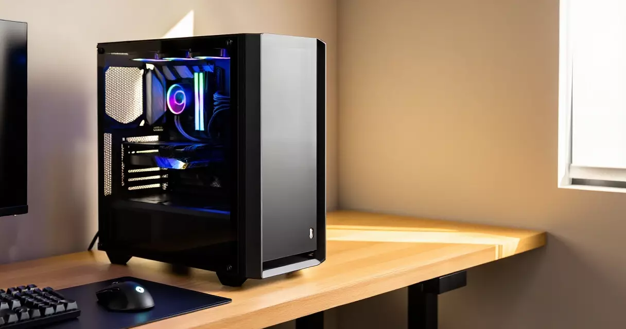 Gaming PC tower with RGB lighting on a clean desk setup