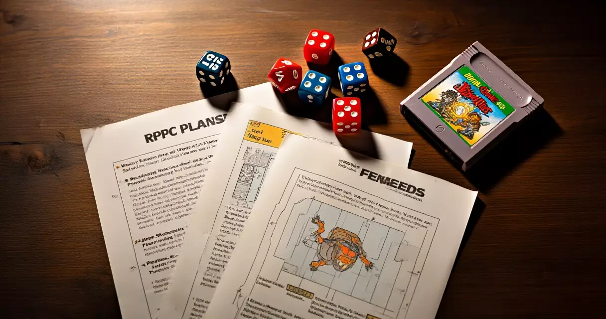 RPG tabletop dice and vintage game cartridge representing the origins of RPG games