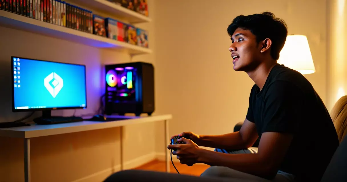 Singapore gamer in apartment gaming setup with controller and PC monitor