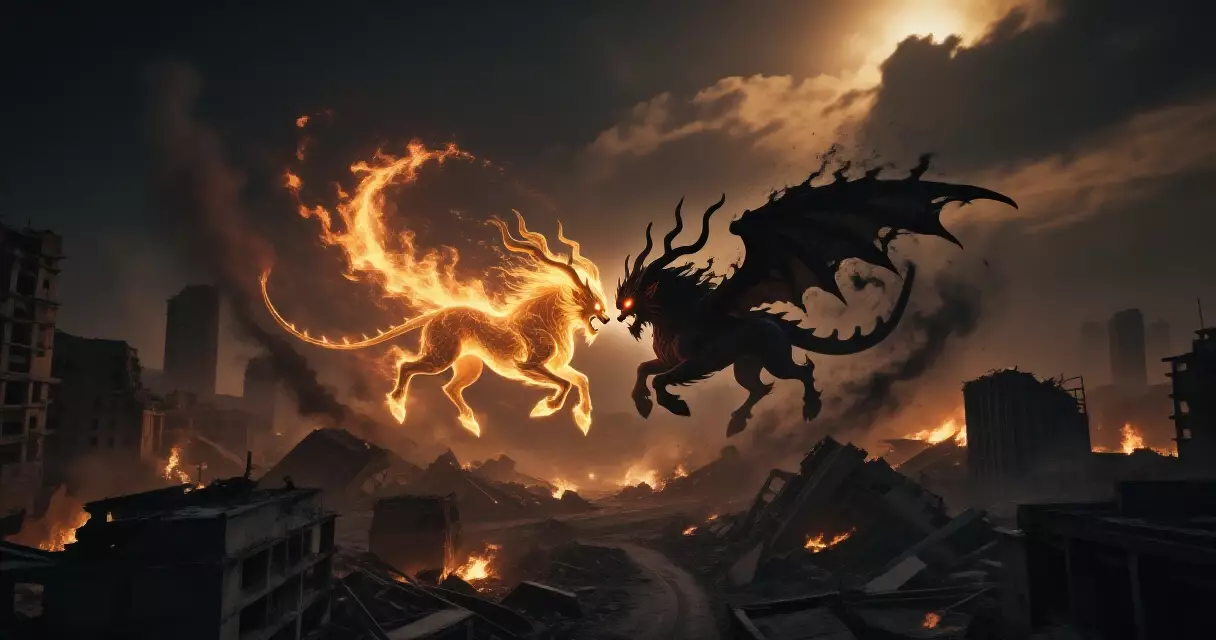 Epic Eikon battle in Final Fantasy XVI showing two massive creatures clashing in the sky