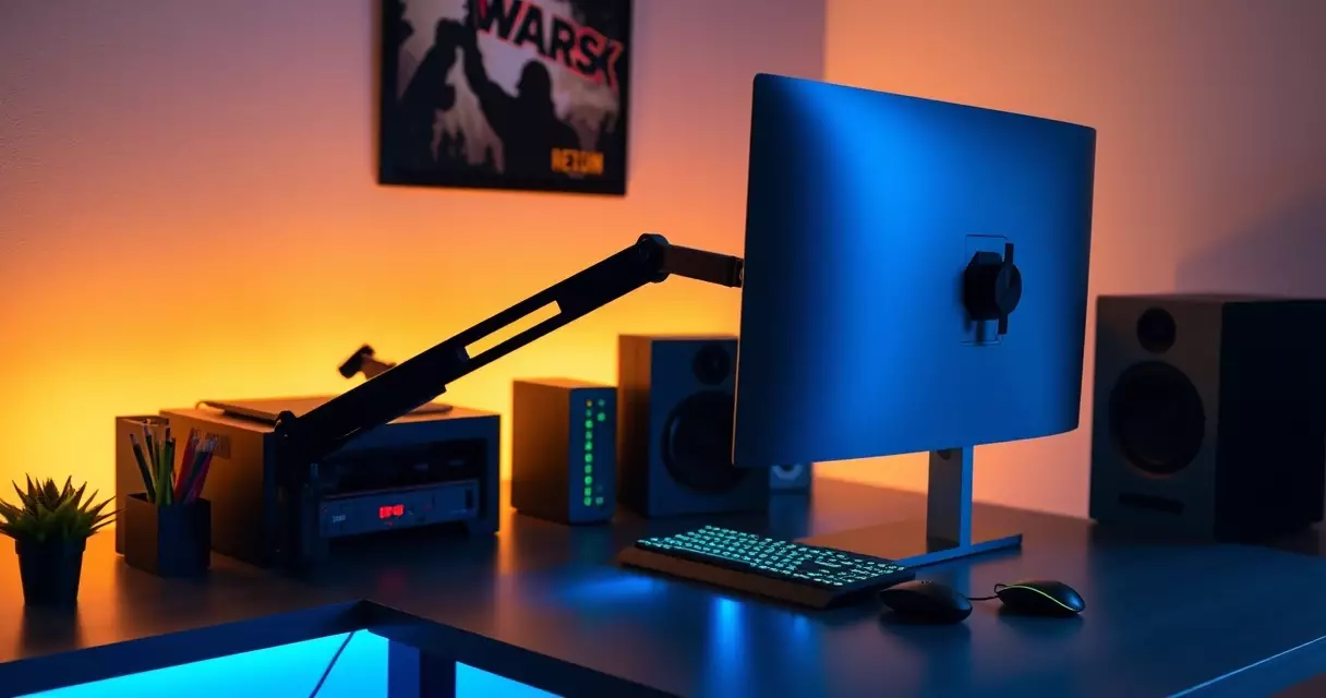 Ergonomic gaming desk with an adjustable monitor arm and soft bias lighting