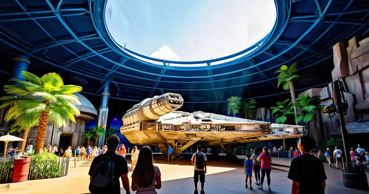 Star Wars Galaxy's Edge theme park featuring Millennium Falcon spacecraft replica