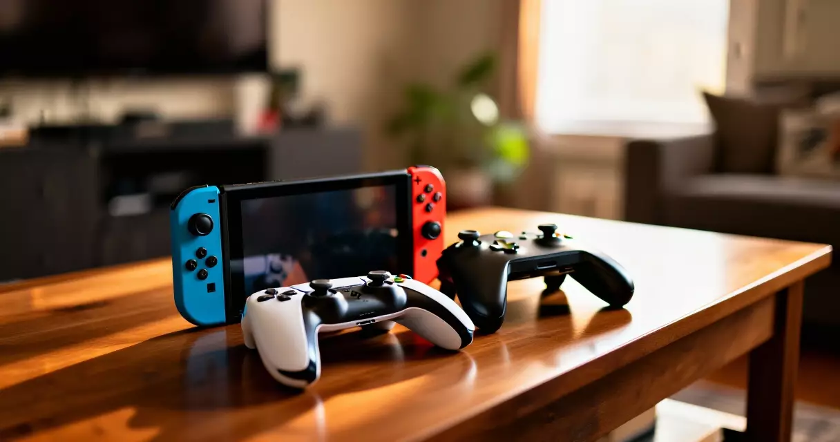 PS5, Xbox, and Nintendo Switch 2 controllers together, showing cross-play console lineup