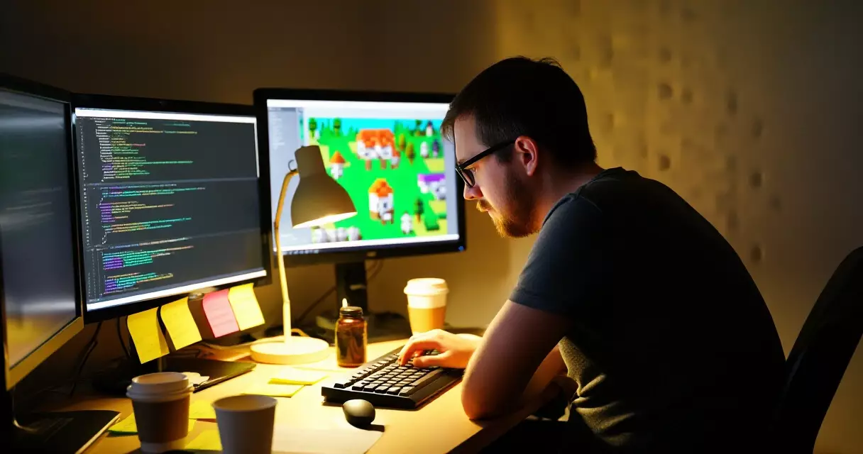 Indie game developer working late at night in a small studio environment