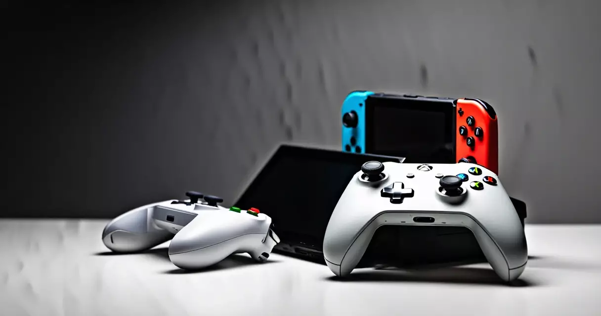 Multiple gaming platforms including PC, PlayStation, Nintendo Switch, and Xbox arranged on a desk