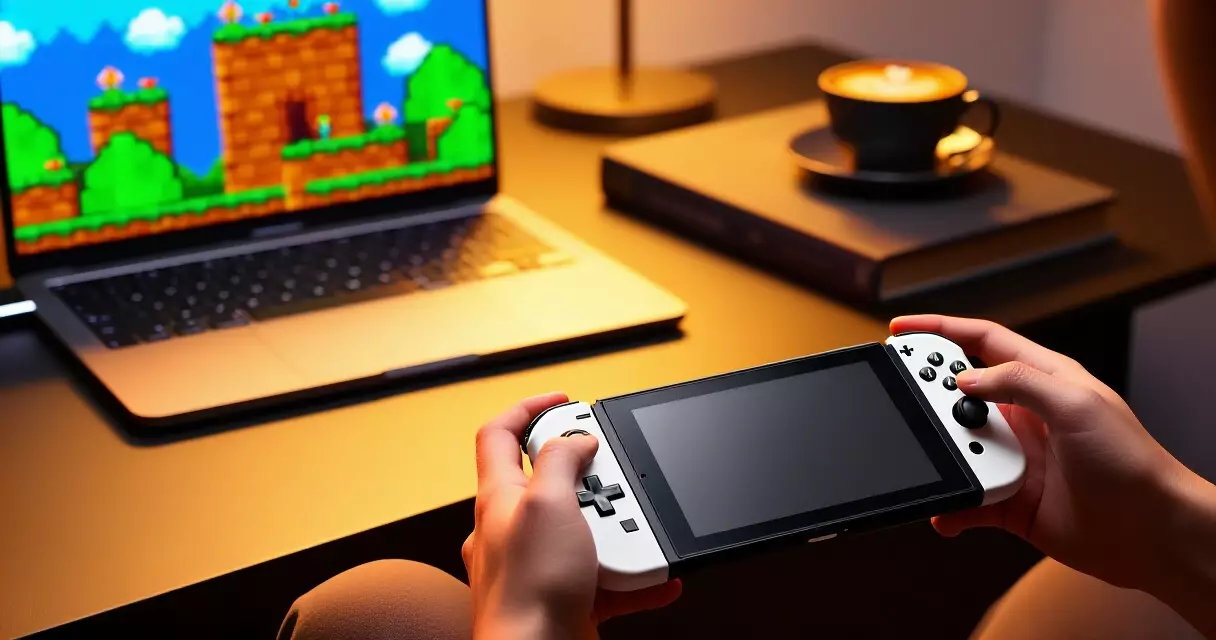 Handheld console and laptop showing a colorful 2D indie platformer in a cozy room