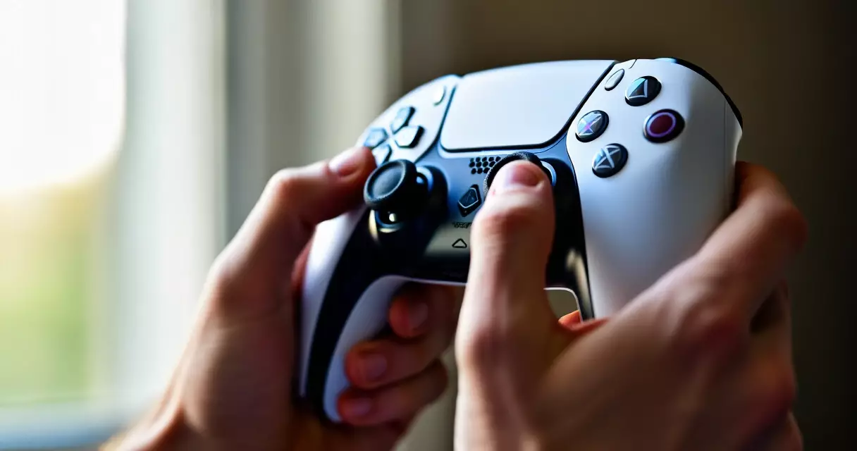 Hands holding a PS5 DualSense controller with fingers on adaptive triggers, natural lighting