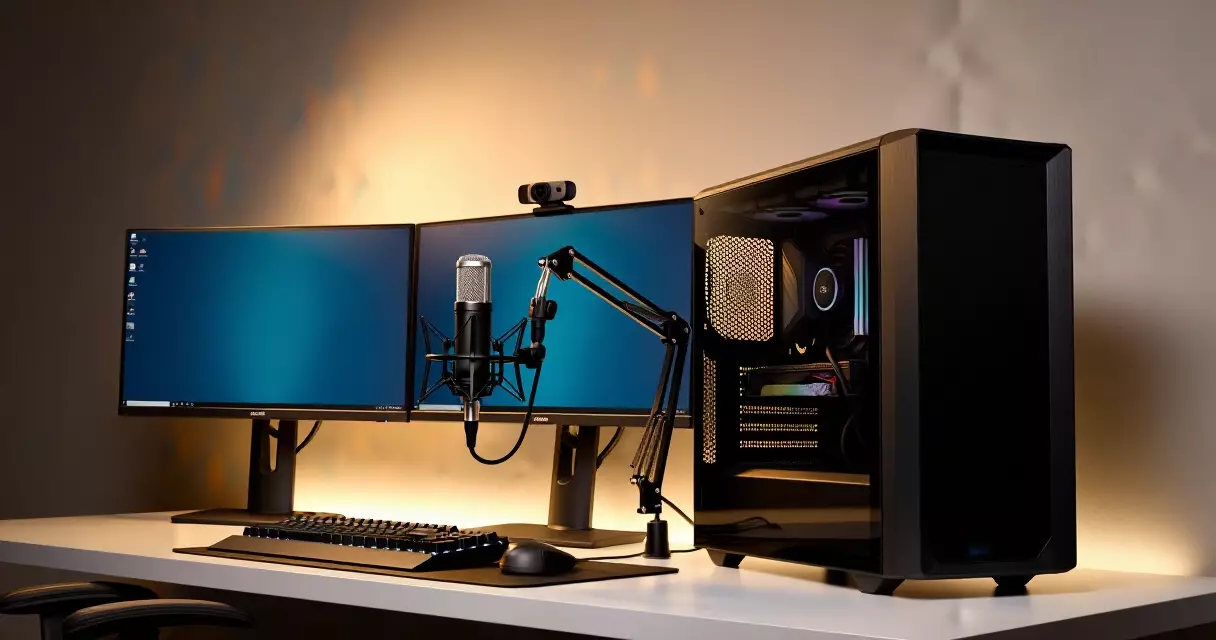 Complete game streaming desk setup with PC, dual monitors, boom arm microphone, and webcam