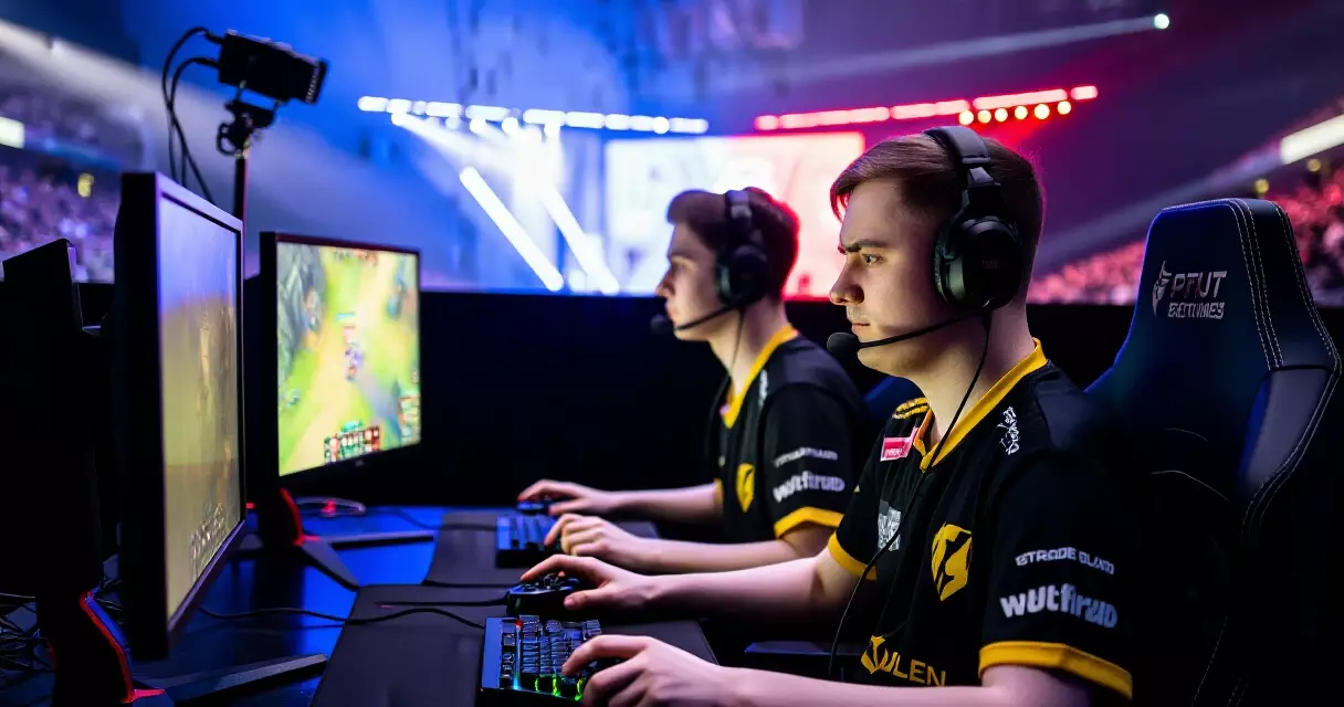 Esports players competing in a fighting game tournament at an arena event