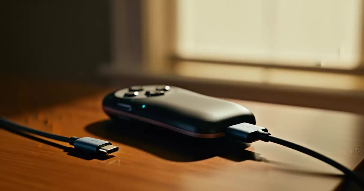 Handheld gaming device charging on a wooden desk in warm natural light