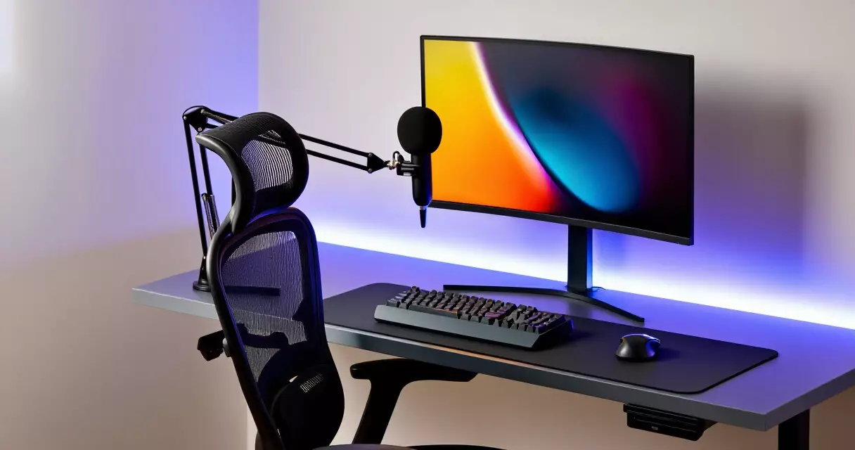 Ergonomic gaming chair at a streaming desk setup with LED lighting and microphone arm