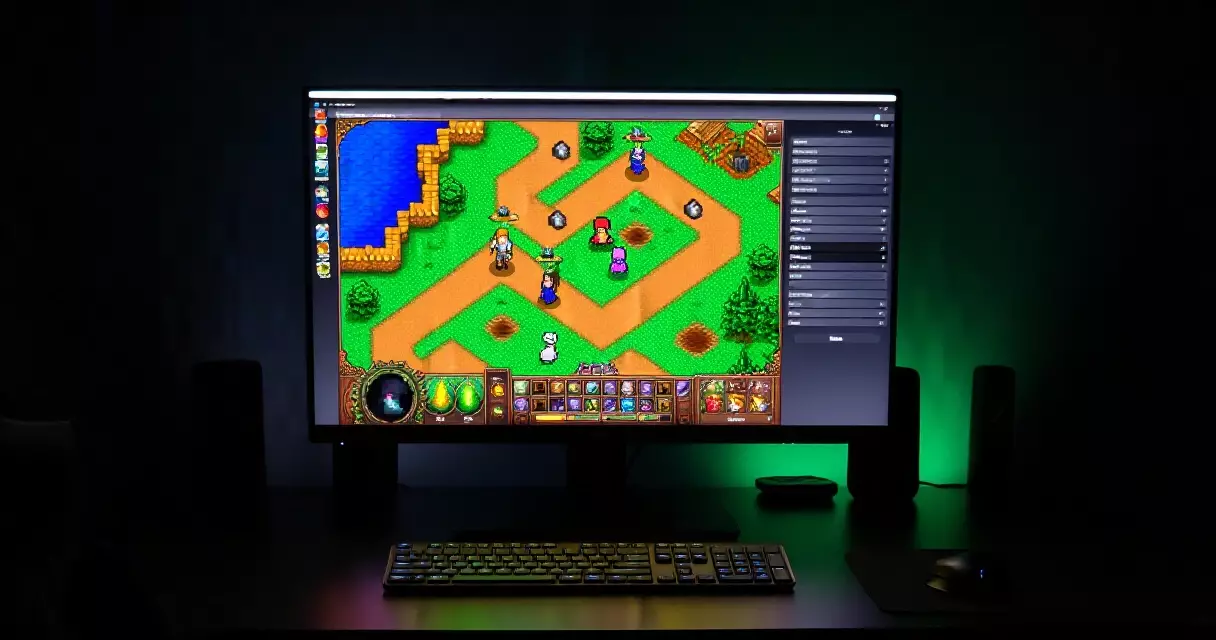 Isometric RPG dungeon on a gaming monitor representing CRPG and roguelike game types