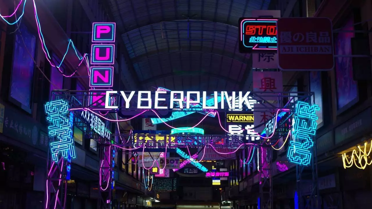 Vibrant neon-lit cyberpunk city alley representing the world of Arcane Season 2 and the cities of Piltover and Zaun