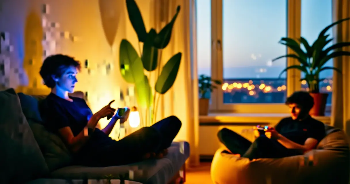 Two people playing handheld games together in a cozy living room at dusk