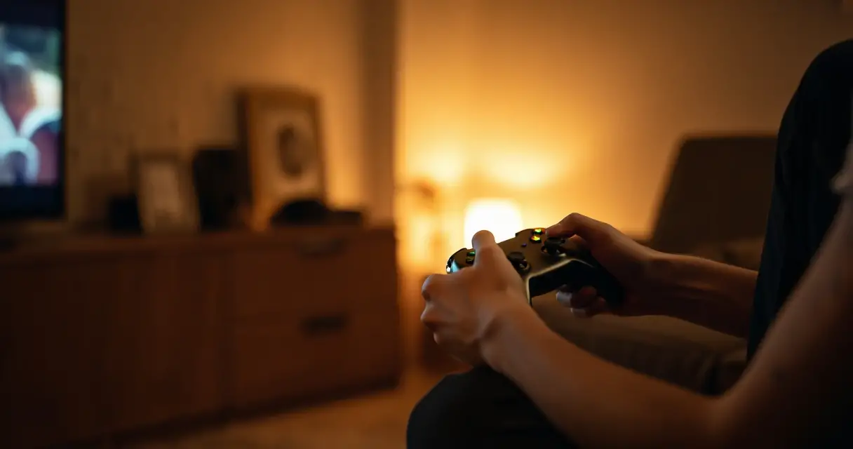 Person relaxing on a sofa playing video games in a softly lit living room
